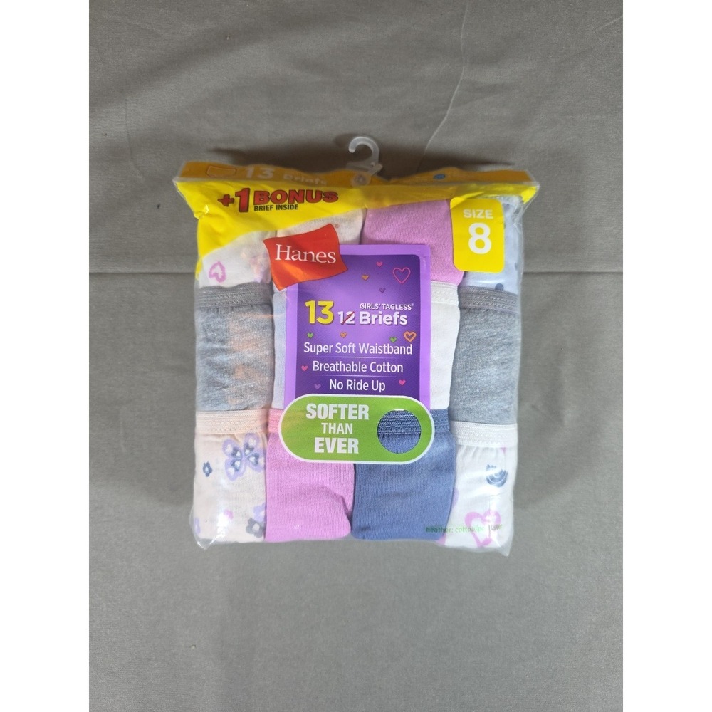 Hanes Tagless Briefs Girls Size 8, 100% Cotton 13 - Pack